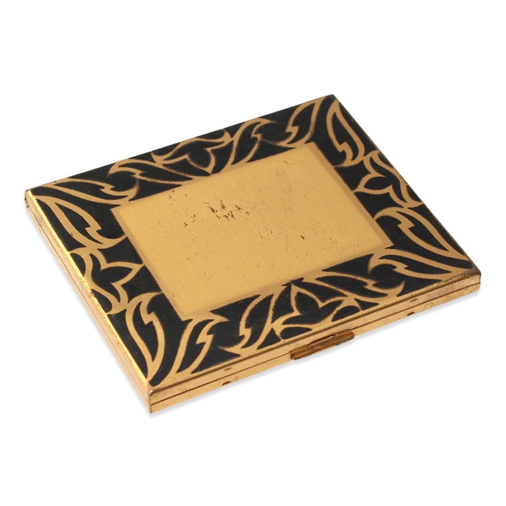 Vintage Elgin American Makeup Powder Compact Case Mirror Black Enamel Gold Tone